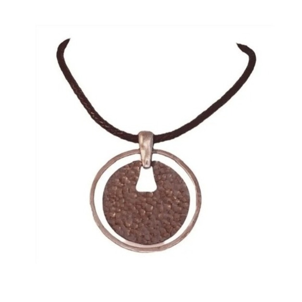 Large Hammered Metal Pendant Statement‎ Necklace Silver Tone Black Braided Cord